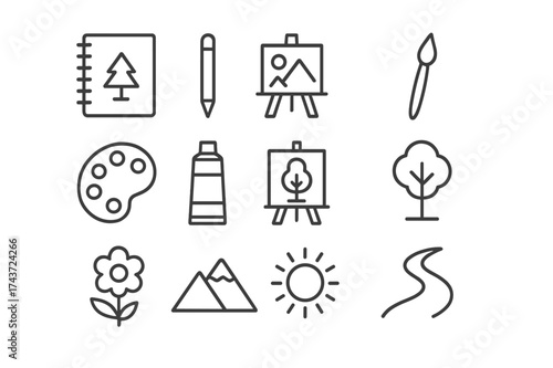Nature Art Icons. Nature Art. Line icon set of Nature Art: sketchbook, pencil, easel, paintbrush, palette, paint tube, canvas, tree, flower, mountain, sun,
