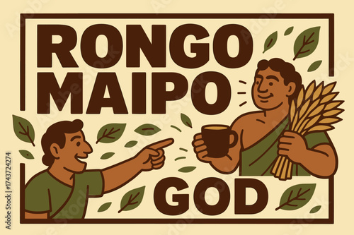Rongo Maipo Celebration Banner. Rongo Maipo God banner, flat vector illustration, bold oversized text inside rectangular frame, cartoon characters standing and