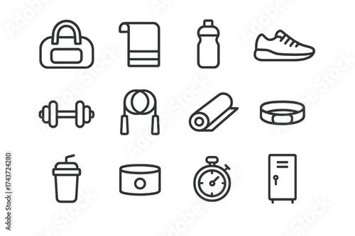 Gym Accessories Icons. Gym Accessories. Line icon set of Gym Accessories: gym bag, towel, water bottle, sneakers, dumbbell, jump rope, yoga mat, resistance