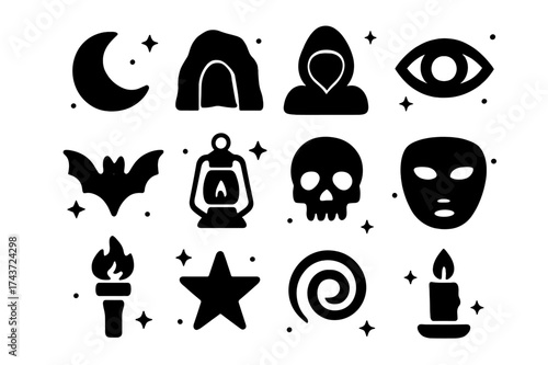 Darkness Icon Set. Darkness. Solid icons set of Darkness: moon, cave entrance, hooded figure, eye, bat, lantern, skull, mask, torch, star, spiral, candle.