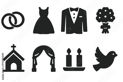 Wedding Icon Collection. Wedding Ceremony. Filled icon set of Wedding Ceremony: wedding rings, wedding dress,
