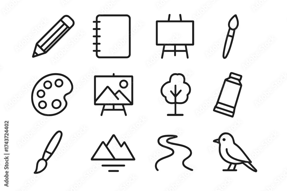 Fototapeta premium Creative Sketch Icon Set. Creative Sketching. Line icon set of Creative Sketching: pencil, sketchbook, easel, paintbrush, palette, canvas, paint tube, tree,