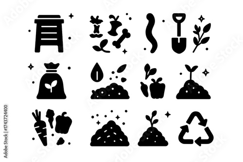 Composting Icons Set. Composting. Solid icons set of Composting: compost bin, food scraps, earthworm, compostable bag, shovel, garden waste, biodegradable,