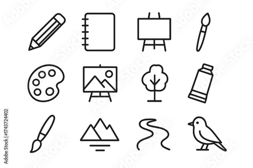 Creative Sketch Icon Set. Creative Sketching. Line icon set of Creative Sketching: pencil, sketchbook, easel, paintbrush, palette, canvas, paint tube, tree,