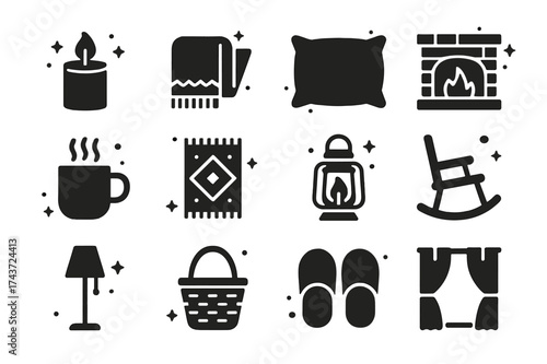 Cozy Icon Collection. Cozy Decor. Solid icons set of Cozy Decor: candle, throw blanket, pillow, fireplace, mug, rug, lantern, rocking chair, floor lamp, wicker