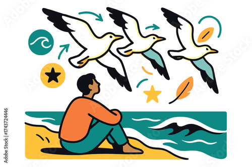 Gulls and Icons. Seaside flight. Glowing gulls flying above waves as watcher sits by shoreline. Floating icons of wave, star, and feather symbolizing freedom.