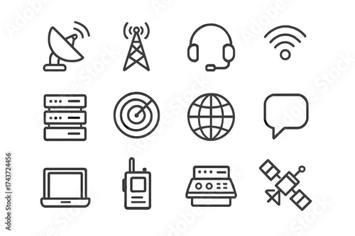 Space Communication Icons. Space communication. Line outline icon set of space communication: satellite dish,
