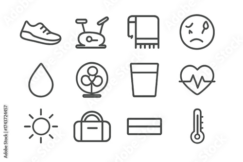 Exercise Gear Icons. Exercise Gear. Line icon set of Exercise Gear: running shoe, exercise bike, towel, face with sweat, water droplet, fan, glass of water,