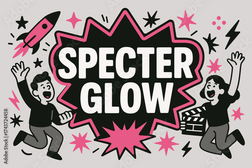 Specter Glow Banner. Specter Glow banner, flat vector illustration, bold oversized text inside sticker outline, cartoon characters jumping and shouting at