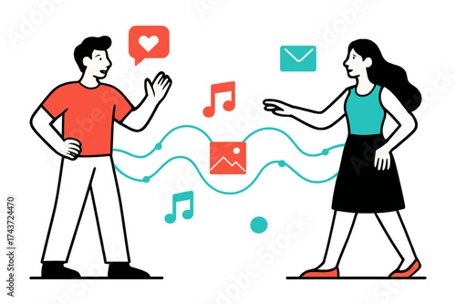 Connected Across Space. Distance & Connection. A couple standing far apart with glowing abstract lines and floating icons linking them across space. Modern