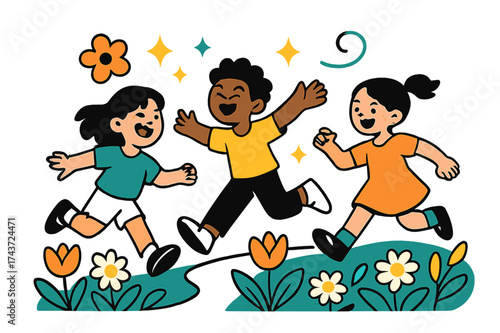 Joyful Blooms. Blooming alleys. Children glowing as they skip along a path with tulips and daisies lining the sides. Floating icons of flower, sparkle, and