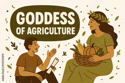 Agriculture Celebration Banner. Goddess of Agriculture banner, flat vector illustration, bold oversized text inside rounded blob, cartoon characters sitting