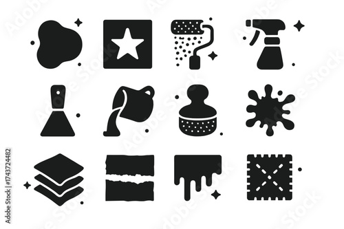 Experimental Techniques Icons. Experimental Techniques. Solid icons set of Experimental Techniques: abstract shape, stencil, texture roller, spray bottle,