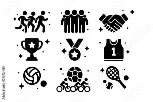 Exercise Icons Collection. Benefits of physical exercise social. Solid icons set of group running, team huddle, handshake, trophy, medal, sports jersey,