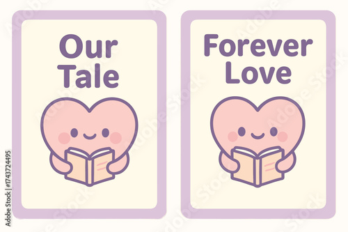 Kawaii Heart Banners. Love. Two vertical A6 banners with safe margins, centered composition, no elements touching edges, kawaii style, lavender and cream,