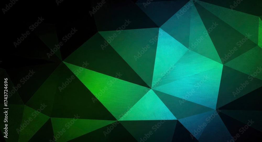 Fototapeta premium A geometric abstract background featuring dark green and blue polygons with brighter teal and lime green facets showcasing a textured surface