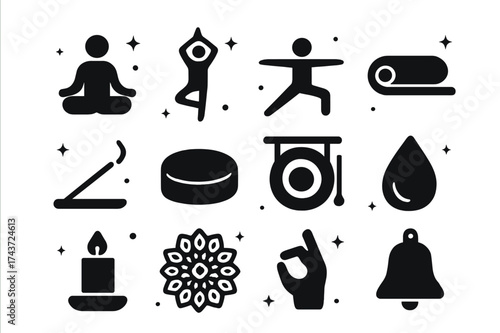 Yoga Icons Grid. Yoga Classes. Solid icons set of Yoga Classes: lotus pose, tree pose, warrior pose, yoga mat, incense, meditation cushion, gong, water