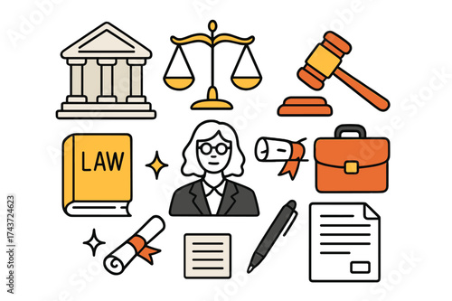 Legal Doodle Icons. Legal Professionals. Hand-drawn doodle illustration courthouse (colored), scales of justice, gavel (colored), law book, diploma (colored),