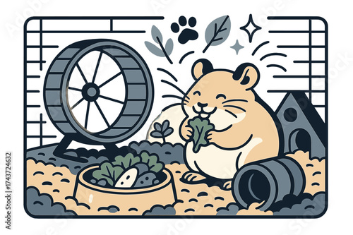Vibrant Hamster Haven. Happy hamster habitat. Cage filled with glowing toys, fresh food, and a cheerful hamster eating. Floating icons of paw prints, leaves,