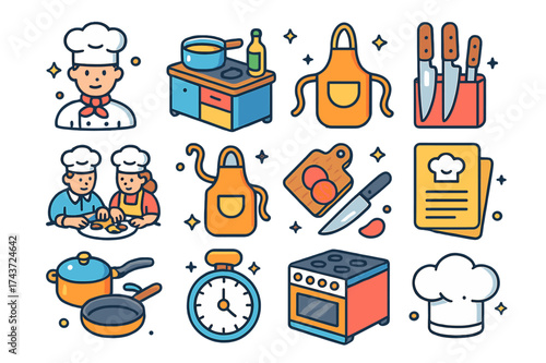 Gourmet Training Icons. Gourmet training. Colorful isometric vector icons set of gourmet training: chef, cooking station, ingredients, knife set, pots and