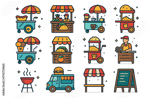 Colorful Street Vendor Icons. Street vendors. Colorful isometric vector icons set of street vendors: hot dog cart, fruit stand, coffee cart, ice cream cart,