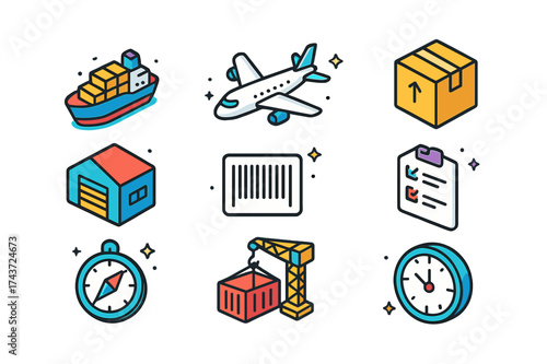 Global Trade Icons. Global Trade. Colorful isometric vector icons set of global trade: cargo ship, airplane, package, delivery truck, warehouse, barcode,