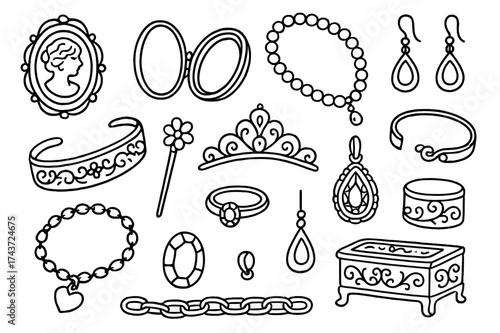 Vintage Jewelry Doodles. Vintage jewelry. Hand-drawn doodle illustration vintage jewelry cameo brooch, locket, ring, pearl necklace, earrings, bracelet,