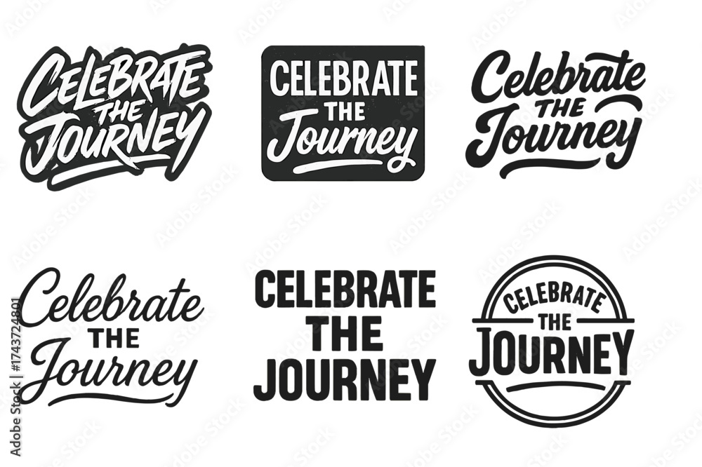 Obraz premium Harmonious Lettering Grid. Celebrate the journey. Set lettering. harmonious lettering variations of the same emblematic concept (Dynamic brushstroke graffiti