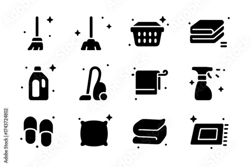 Housekeeping Icons Set. Housekeeping. Solid icons set of Housekeeping: broom, mop, basket, folded sheet, detergent bottle, vacuum, towel, spray bottle,