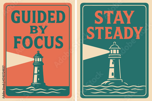 Guided Lighthouse Banners. Mindset. Two vertical A6 banners with safe margins, centered composition, no elements touching edges, retro style, coral and teal,