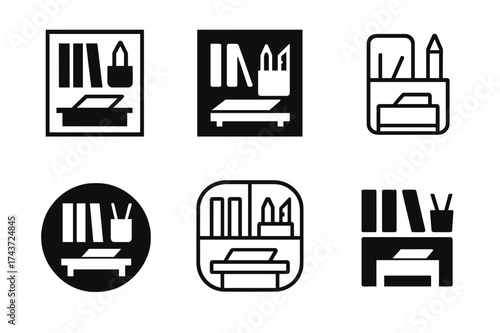 Home Office Logos. Designing home office spaces for productivity. Set Logo of Interior design: organized shelf and office supplies icon. harmonious logo