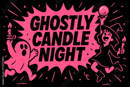 Ghostly Candle Night. GhostlyCandleNight banner, flat vector illustration, bold oversized text inside comic burst, cartoon characters jumping and shouting near