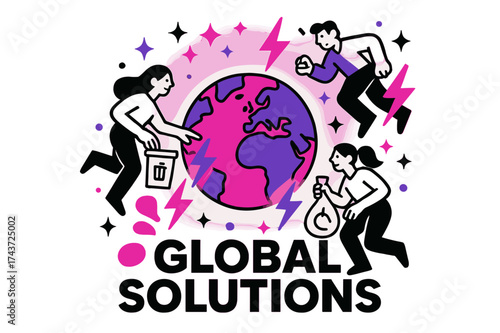 Glowing Globe Transformation. Global solutions. A glowing globe with waste icons turning into lightning bolts around it, abstract floating stars and sparkles