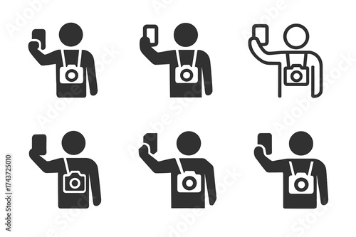 Travel Logo Variations. Taking travel selfies. Set Logo of camera icon: figure holding phone extended outward. harmonious logo variations of the same