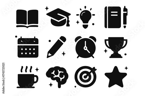 Study Motivation Icons. Study motivation. Solid icons set of Study motivation: open book, graduation cap, light bulb, notebook, pencil, alarm clock, calendar,