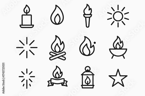 Lumina Icon Set. Lumina. Line outline icon set of Lumina: candle, flame, torch, sunburst, light rays, bonfire,
