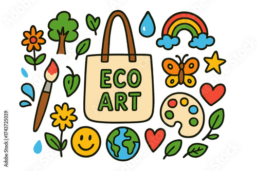 Eco Art Icons. Eco Art. Colorful Hand-drawn doodle Children illustration tote bag, paintbrush, flower, leaf, tree, sun, water droplet, rainbow, star,