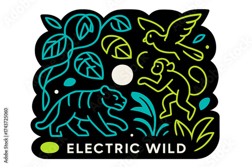 Neon Jungle Vibes. Neon lights in nature. Abstract jungle glowing with neon vines and leaves, surreal animals