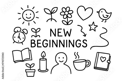 New Beginnings Icons. New Beginnings. Hand-drawn doodle illustration New Beginnings sun, sprout, flower, heart, smile, bird, star, path, clock, book, plant