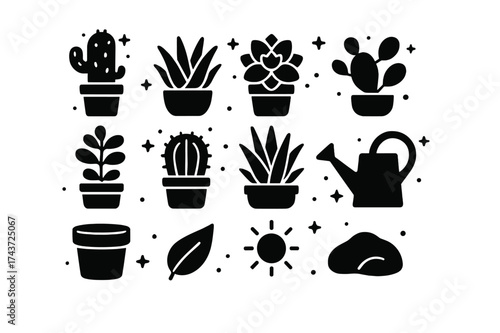 Cactus Icon Garden. Cactus garden. Solid icons set of Cactus garden: potted cactus, aloe, echeveria, prickly pear, jade plant, barrel cactus, agave, watering