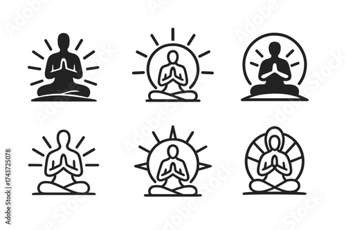 Spiritual Logo Variations. Prayer in nature. Set Logo of Spirituality: sunrise with meditating figure. harmonious logo variations of the same emblematic