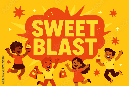 SweetBlast Cartoon Extravaganza. SweetBlast banner, flat vector illustration, bold oversized text inside rounded blob, cartoon characters jumping and waving