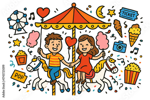 Carnival Carousel Fun. Couple on Merry-Go-Round. Colorful Hand-drawn doodle Children illustration Couple on Merry-Go-Round carousel horses, smiling couple,