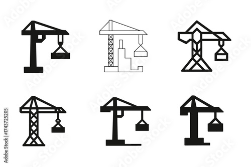 Crane Logo Variations. Infrastructure development in emerging markets. Set Logo of construction crane: tall crane lifting structure parts. harmonious logo