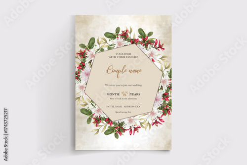WEDDING INVITATION FRAME WITH FLOWER DECORATIONS AND FRESH LEAVES
