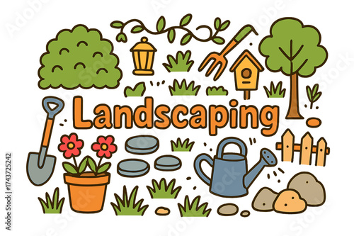 Creative Garden Design. Landscaping. Hand-drawn doodle illustration of Landscaping. hedge, stepping stones,