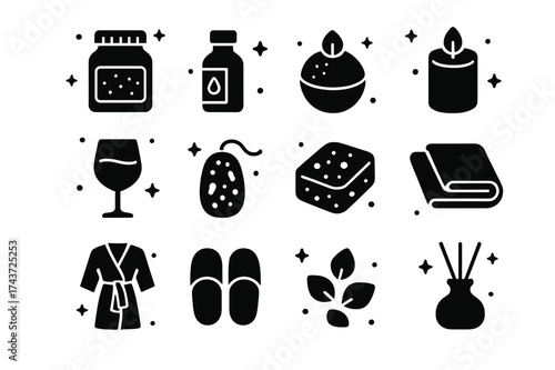 Luxury Bath Essentials. Luxury Bath. Solid icons set of Luxury Bath: bath salts jar, essential oil bottle, bath bomb, candle, wine glass, loofah, sponge, plush