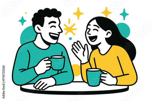 Coffee Sparkles. Cafe Moments. A glowing pair laughing together over coffee, abstract floating spark and star icons symbolizing joy and connection. Modern