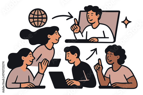 Virtual Learning Vibrance. Virtual advanced training. Glowing participants attending online masterclass via laptops. Floating icons of globe, sparkle, and