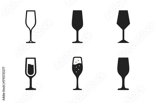 Champagne Flute Logos. Alcohol. Set Logo of Alcohol: champagne flute. harmonious logo variations of the same emblematic concept, each with different artistic